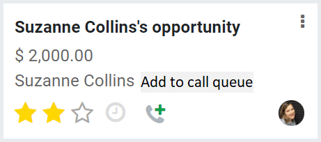 An Binqiyun CRM opportunity card with option to add contact to call queue