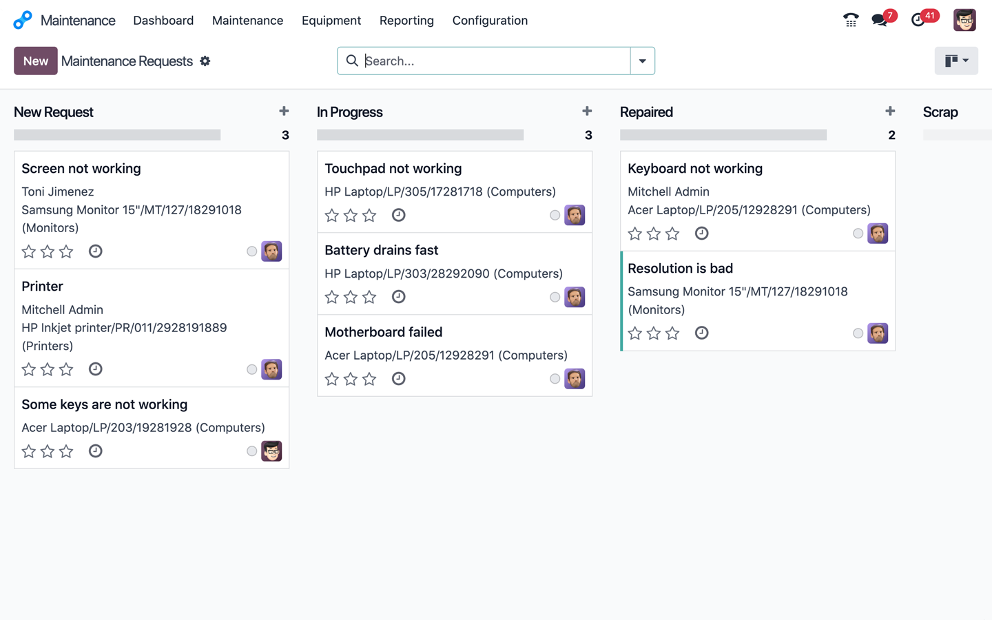Binqiyun Maintenance interface showing equipment